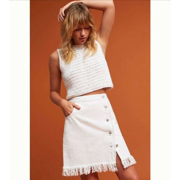 White Button-Front Frayed Hem Denim Mini Skirt By Anthropologie Minimalist S - Picture 1 of 8